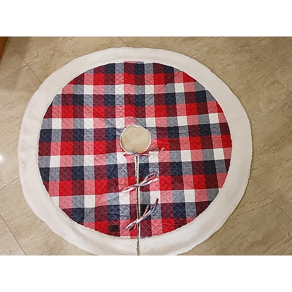 UGG Camper Plaid Tree Skirt Red/Grey Checkered Quilted Cotton & Sherpa Christmas